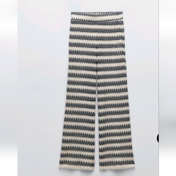 ZARA | CROCHET WIDE LEG PANTS Navy Cream Sz XS - Picture 2 of 9